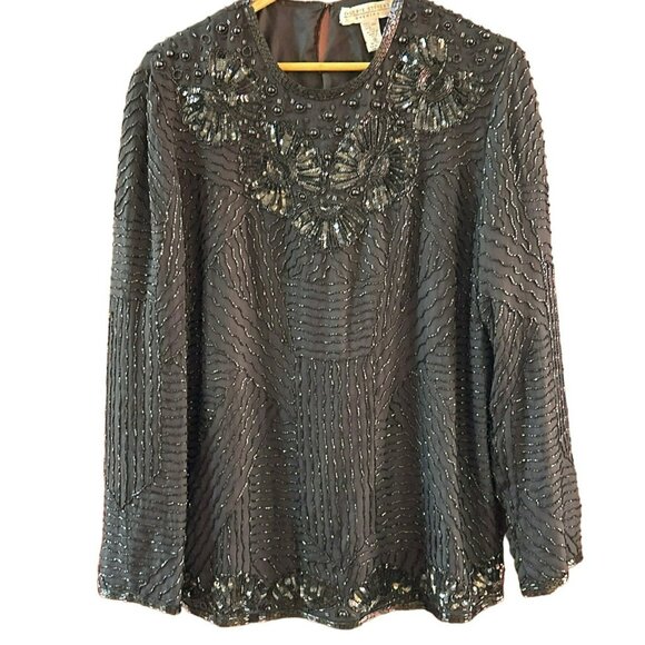 Valerie Stevens Black Beaded Silk Blend Long Sleeve Evening Top Size 6 Special - Picture 1 of 5